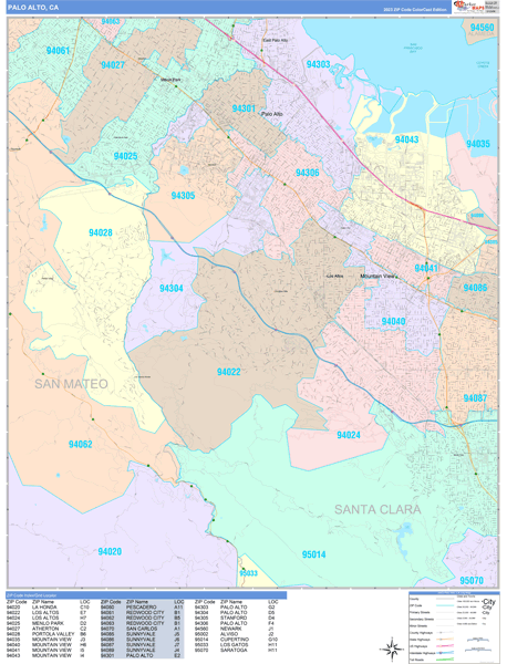 Palo Alto City Wall Map Color Cast Style